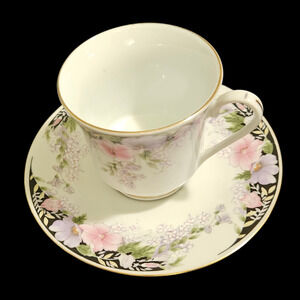 Set of 4 Floral China Teacup & Saucer Sets Pink Purple Flowers Gold Trim